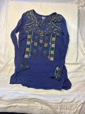 Sundance Women's Blue Embroidered Boho Long Sleeve Cotton Tunic Top Size Small